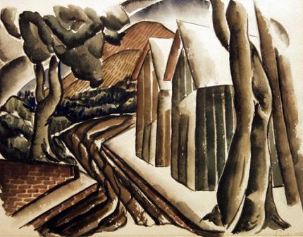 Frances Marian Cronk, "Untitled (Two Houses)", watercolor on paper, 1932