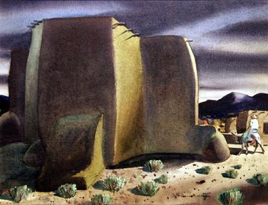Sandor Bernath, "Untitled (Rancho de Taos Church with Horse and Rider)", watercolor on paper, c. 1935