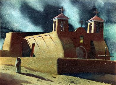 Sandor Bernath, "Untitled (Rancho de Taos Church)", watercolor on paper, c. 1935