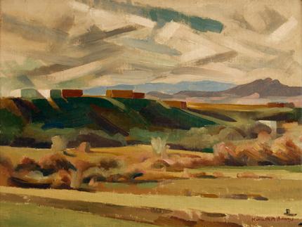 Kenneth Miller Adams, "Untitled (Adobes and Mesa, New Mexico)", oil, c. 1935