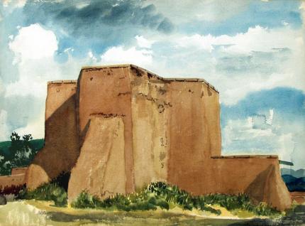 Morris Atkinson Blackburn, "Rancho de Taos Church", watercolor on paper, c. 1950