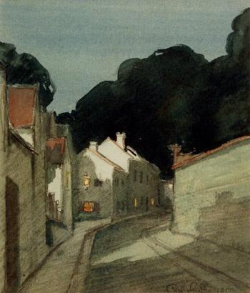 Carl Eric Olaf Lindin, "Moonlight, French Village", watercolor on paper, 1900