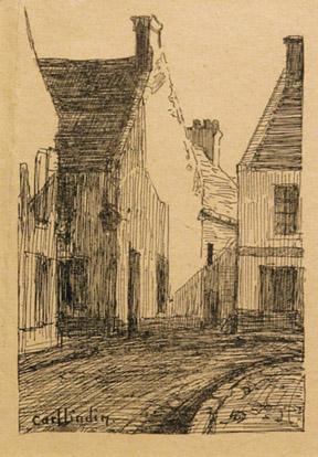 Carl Eric Olaf Lindin, "Untitled (European Village)", ink on paper, c. 1895