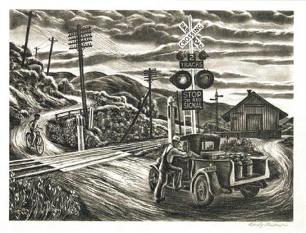 Carlos Andreson, "Untitled (Railroad Crossing)", lithograph, c. 1940