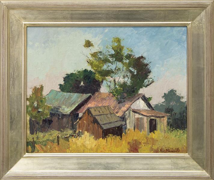 Jon Blanchette, Untitled (Old Barns, Southern California), oil painting fine art for sale, california landscape painting, framed california landscape, original oil painting 