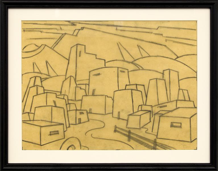 charles bunnell kansas city landscape drawing for sale, houses and hills, modernist, wpa era, regionalist