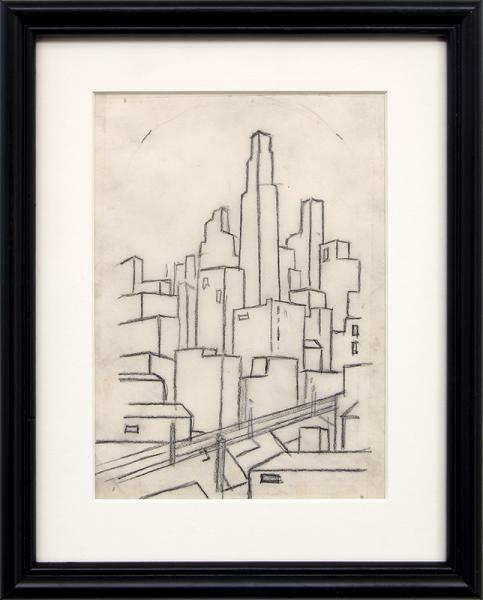 Charles Bunnell art for sale, Kansas City Skyline, graphite, circa 1935, wpa era, modernist