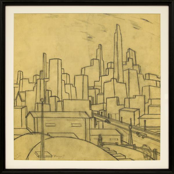 Charles Bunnell original vintage drawing for sale, Kansas City, modernist, graphite, circa 1930, wpa era, regionalist art