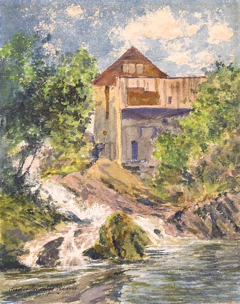 Charles Partridge Adams Mill Near Plainfield, New Hampshire antique watercolor painting circa 1900