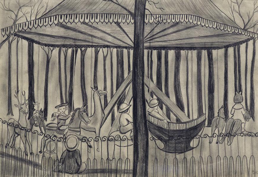 hilaire hiler paris drawing for sale, children on a carousel