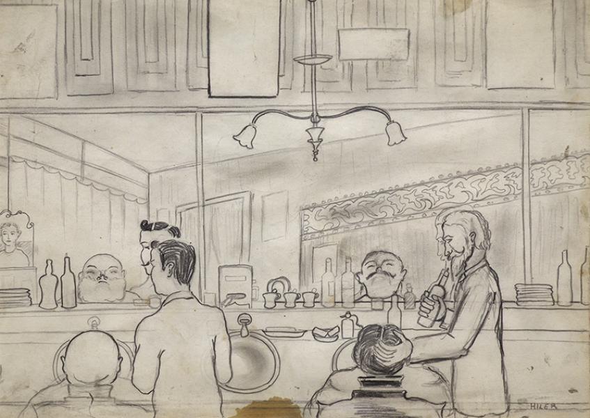 Hilaire Hiler, Barber Shop, Paris, vintage drawing, graphite, circa 1925