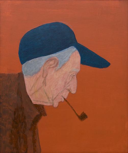 margo hoff, oil painting, man, pipe, baseball cap, orange, blue