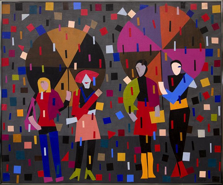 Margo Hoff, Girls in the Rain, mixed media painting, female figures, umbrellas, rainboots