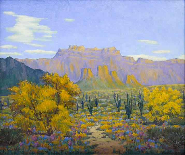 harold vincent skene desert landscape painting for sale, vintage, cactus, mountains