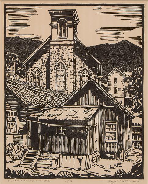 Royal Willis Central City Colorado 1930s church mountains mining town wpa era regionalist print woodcut woodblock 