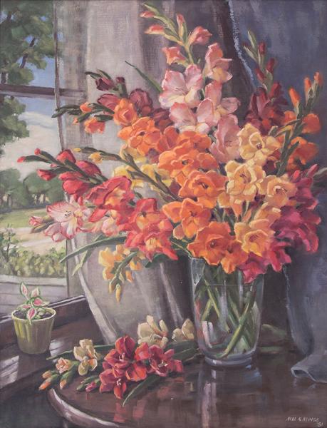 Nellie Klinge 1950s oil painting fine art for sale colorado mid-century 20th century women artist interior still life flower painting gladiola