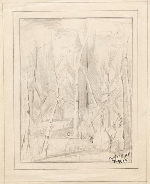 Charles Ragland Bunnell, vintage art, forest Interior, Aspen and Pine Trees, graphite, September 29th, 1939