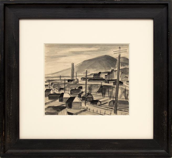 Charles Bunnell, painting, Golden Cycle Mill, Colorado Springs, Colorado, watercolor, circa 1940, black, white, mining, modern, modernist, mountain, american west, Fine art, for sale, vintage, original, historic, antique, gallery, art, Denver, Colorado, broadmoor academy, colorado springs fine arts center, charles ragland bunnell 