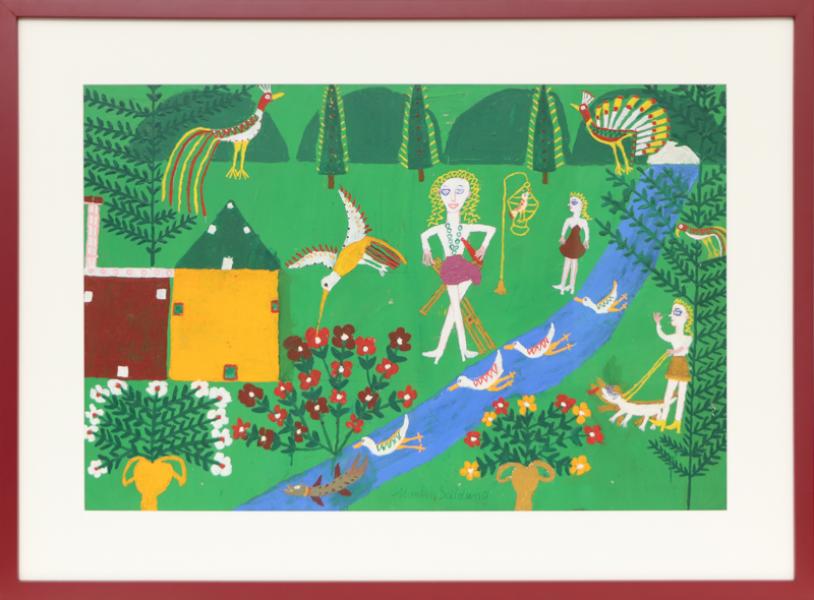 Martin Saldana, Hummingbird by the River, oil, painting, 1950, 1960, primitive, folk art, mexican, flower, tree, bird, 1953-1965, Art, for sale, Denver, Colorado, gallery, purchase, vintage