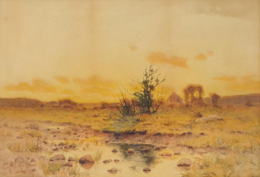 Charles Partridge Adams, Platte River, sunset, Colorado Landscape, painting, for sale, front range, watercolor, 1891, 19th century, tonalist, art, for sale, gallery, Denver