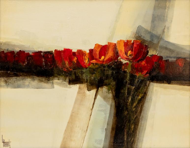 Larry Harris, Abstract with Red Flowers, oil, painting