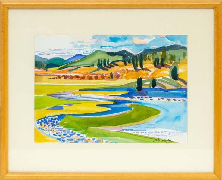 Rita Derjue, Deer Creek, Colorado, landscape, painting, watercolor, 1995, 20th century, woman, female, green, blue, yellow, Fine art, art, for sale, buy, purchase, Denver, Colorado, gallery, historic, antique, vintage, artwork, original, authentic