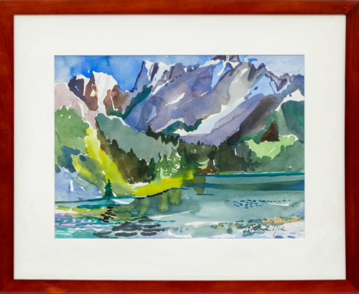 Rita Derjue, Lake Fucine, Julian Alps, Italy, painting, landscape, water, europe, watercolor, impressionism, impressionist, 2001, green, blue, woman, artist, Fine art, art, for sale, buy, purchase, Denver, Colorado, gallery, historic, antique, vintage, artwork, original, authentic 