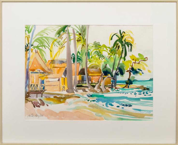 Rita Derjue, Kai Bae, Thailand, beach, coastal, palm tree, hut, painting, watercolor, woman, artist, asia, Fine art, art, for sale, buy, purchase, Denver, Colorado, gallery, historic, antique, vintage, artwork, original, authentic 