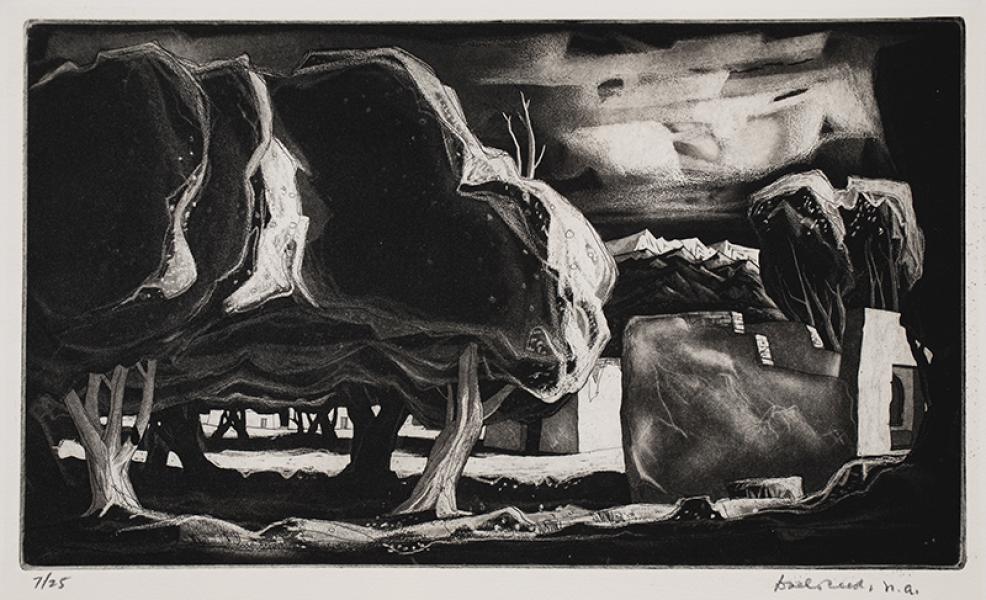 Doel Reed aquatint for sale ancient apple trees New mexico landscape artist national academy vintage 20th century oklahoma artist etching
