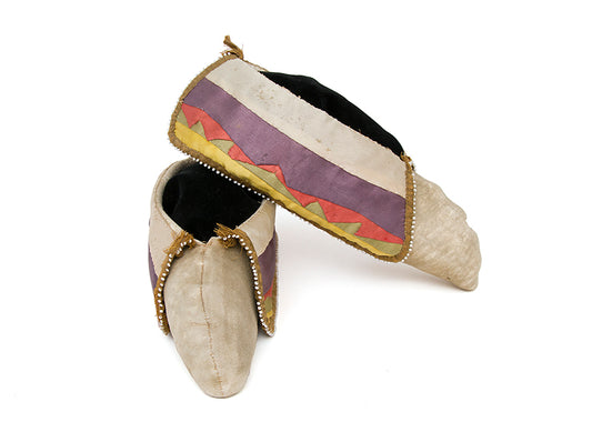 Potawatomi artwork for sale. Hide Moccasins with Trade Beads and Cloth, circa 1880, Denver, Colorado, Art Gallery)