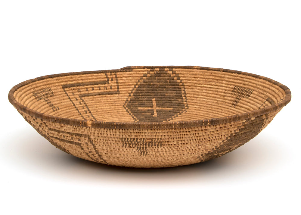 Shallow Basketry Bowl with Pinwheel and Cross Pattern, circa 1890