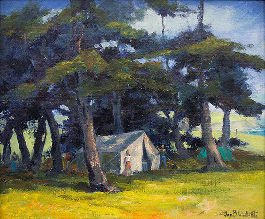 Jon Blanchette, Mendocino Hippies (California Landscape with Campers), circa 1960, oil on canvas board Painting
