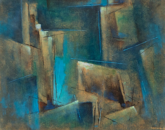 Charles Bunnell (1897-1968) artwork for sale. Untitled (Abstract in Green, Blue & Dark Yellow), Painting, 1957, Denver, Colorado, Art Gallery)