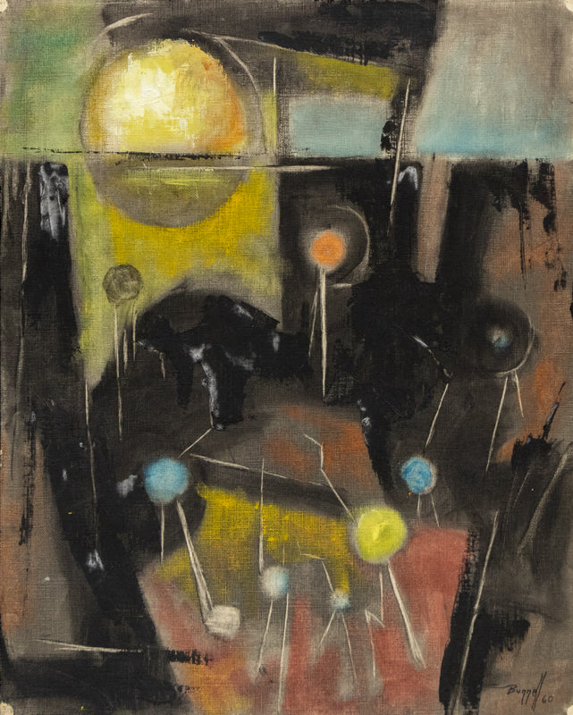 Charles Bunnell (1897-1968) artwork for sale. Untitled (Abstract in Black, Yellow, Rust, and Cyan), Painting, dated 1960