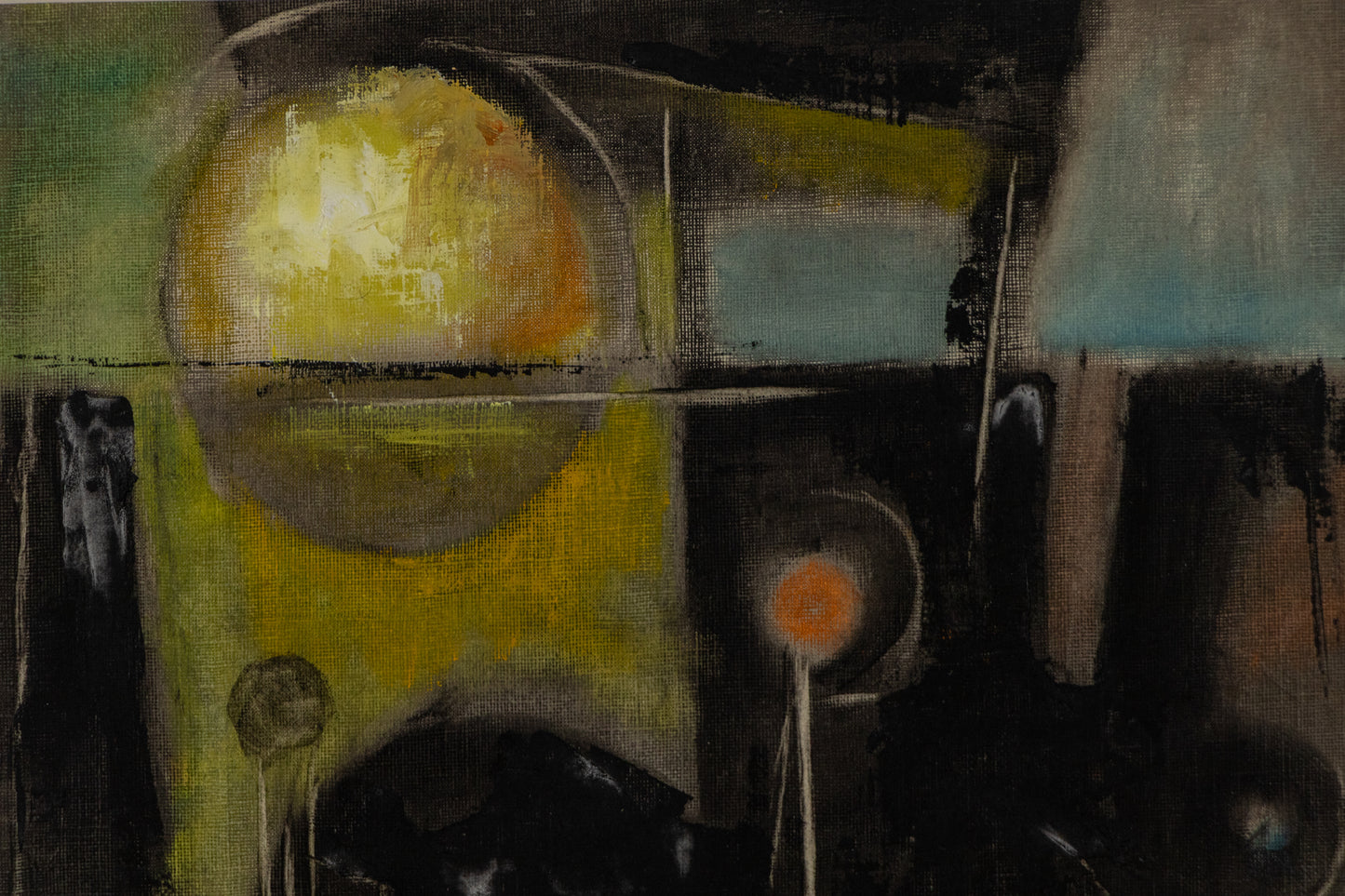 Untitled (Abstract in Black, Yellow, Rust, and Cyan), Painting, dated 1960