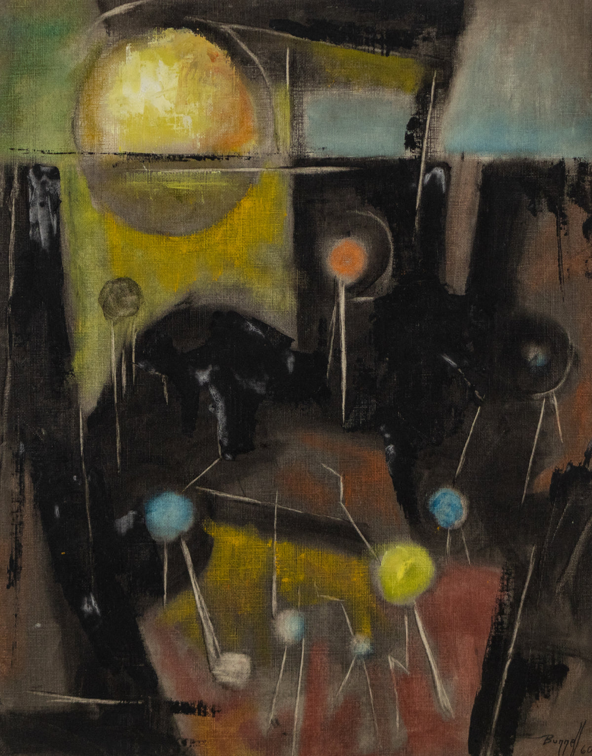 Untitled (Abstract in Black, Yellow, Rust, and Cyan), Painting, dated 1960