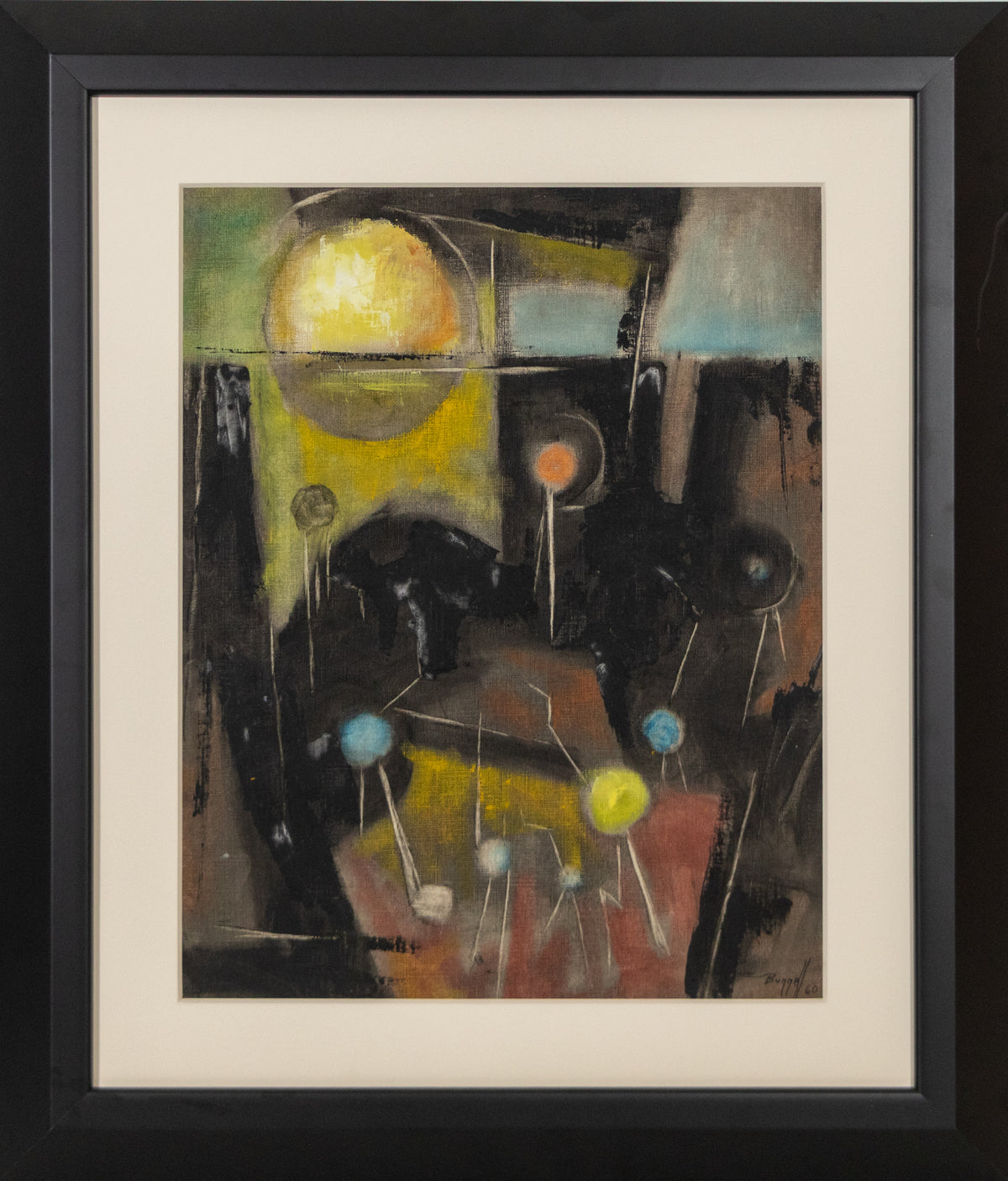 Untitled (Abstract in Black, Yellow, Rust, and Cyan), Painting, dated 1960