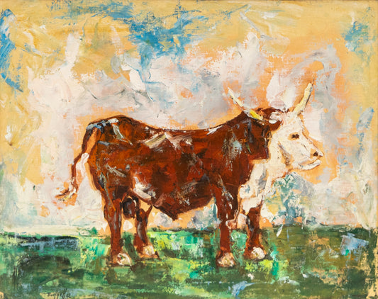 Charles Bunnell (1897-1968) artwork for sale. Untitled (Bull in a Field), Painting, 1961, Denver, Colorado, Art Gallery)