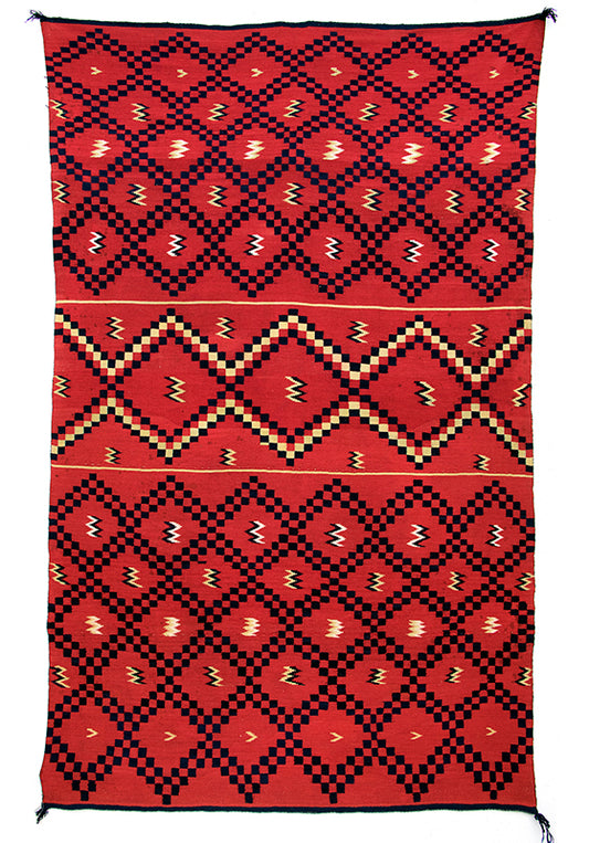 Classic Period Serape, Navajo (Diné), circa 1860, handspun wool with cochineal dye, indigo dye, and rabbitbrush dye Serape