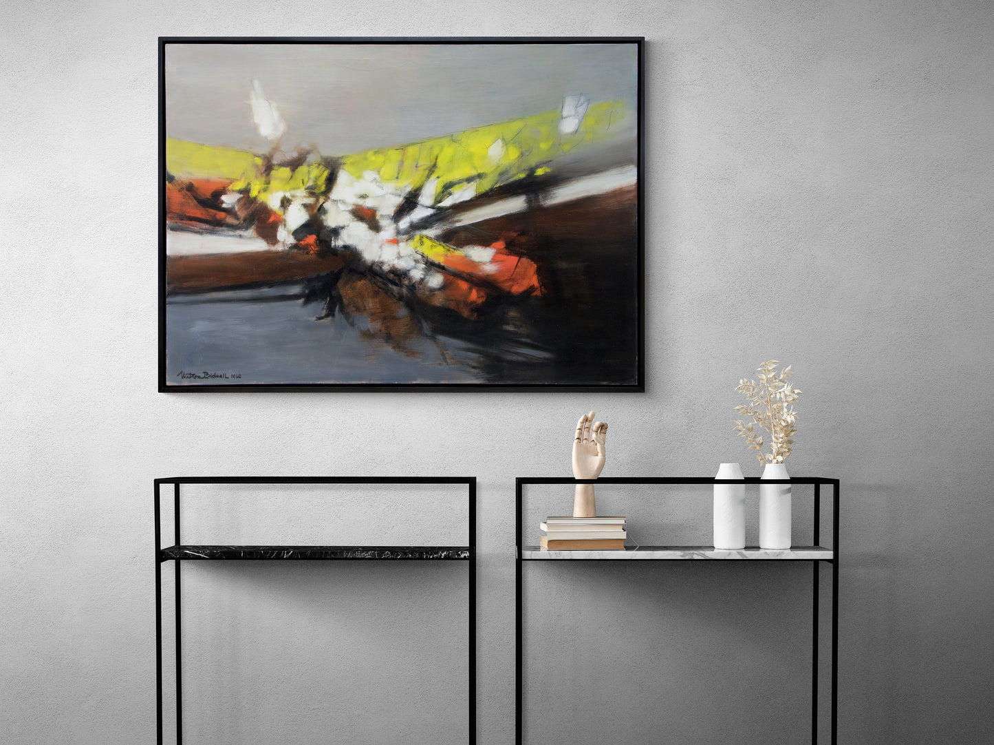 Along the Way (Abstract in Gray, Black, White, Yellow, and Orange), Painting, dated 1960