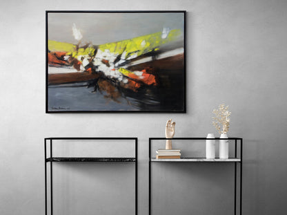 Along the Way (Abstract in Gray, Black, White, Yellow, and Orange), Painting, dated 1960