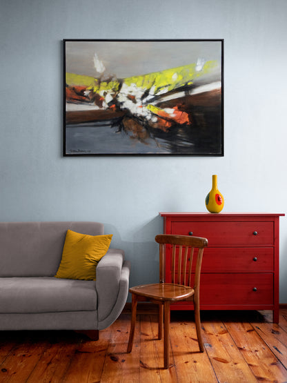 Along the Way (Abstract in Gray, Black, White, Yellow, and Orange), Painting, dated 1960