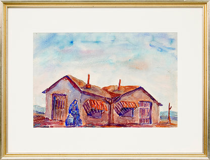 Untitled (Woman Carrying Water with Adobe House), Painting, circa 1945