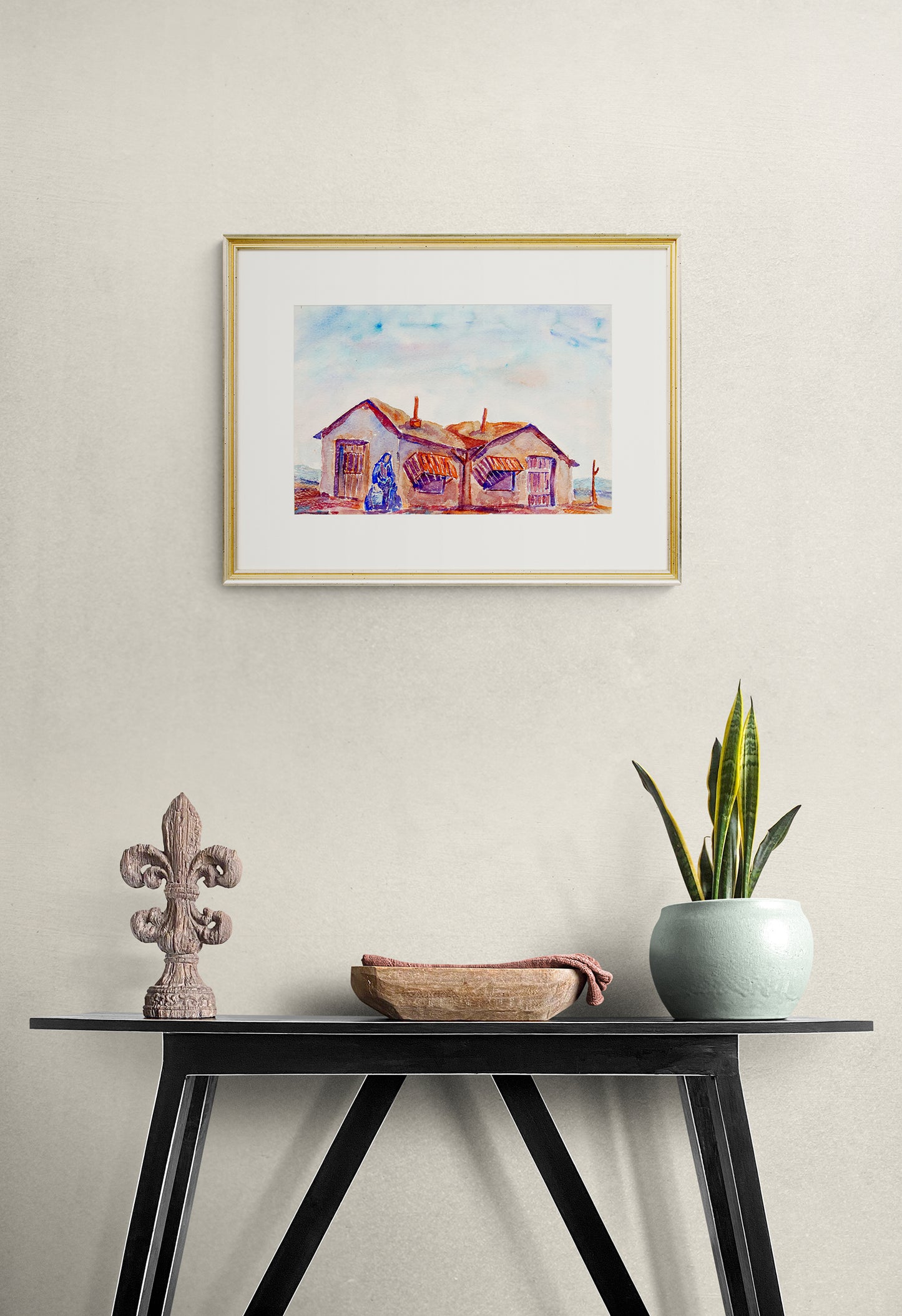 Untitled (Woman Carrying Water with Adobe House), Painting, circa 1945