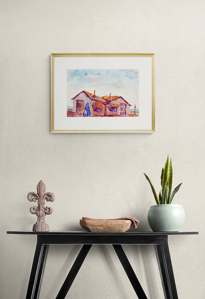 Untitled (Woman Carrying Water with Adobe House), Painting, circa 1945