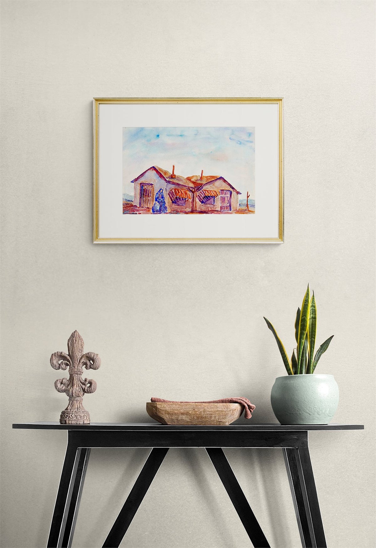 Untitled (Woman Carrying Water with Adobe House), Painting, circa 1945