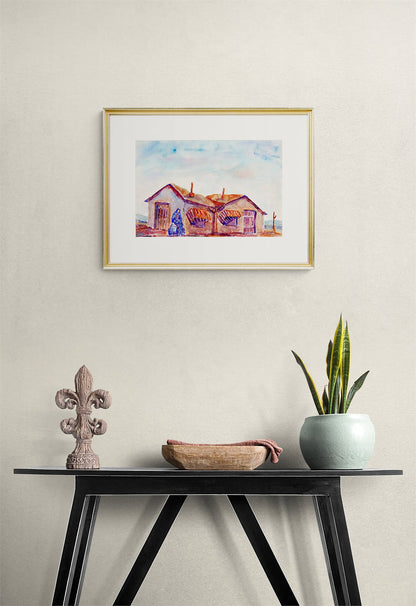 Untitled (Woman Carrying Water with Adobe House), Painting, circa 1945