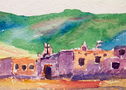 Untitled (Landscape of Adobe Buildings with Mountains), Painting