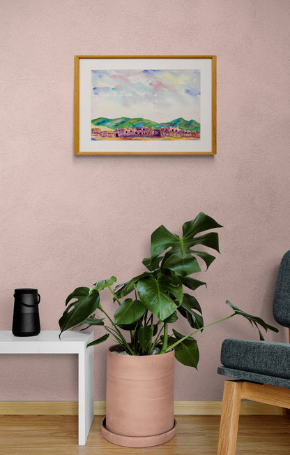 Untitled (Landscape of Adobe Buildings with Mountains), Painting
