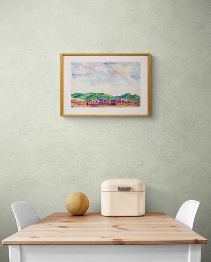 Untitled (Landscape of Adobe Buildings with Mountains), Painting